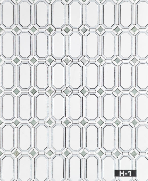 White Thassos Gem with Blue Celeste Surround and Emerald Green Dot Mosaic Honed