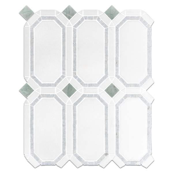 White Thassos Gem with Blue Celeste Surround and Emerald Green Dot Mosaic Honed