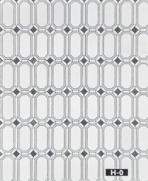 White Thassos Gem with Blue Celeste Surround and Azul Macauba Dot Mosaic Honed