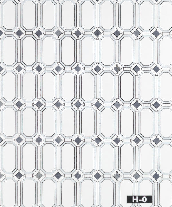 White Thassos Gem with Blue Celeste Surround and Azul Macauba Dot Mosaic Honed