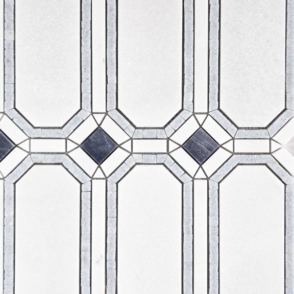 White Thassos Gem with Blue Celeste Surround and Azul Macauba Dot Mosaic Honed