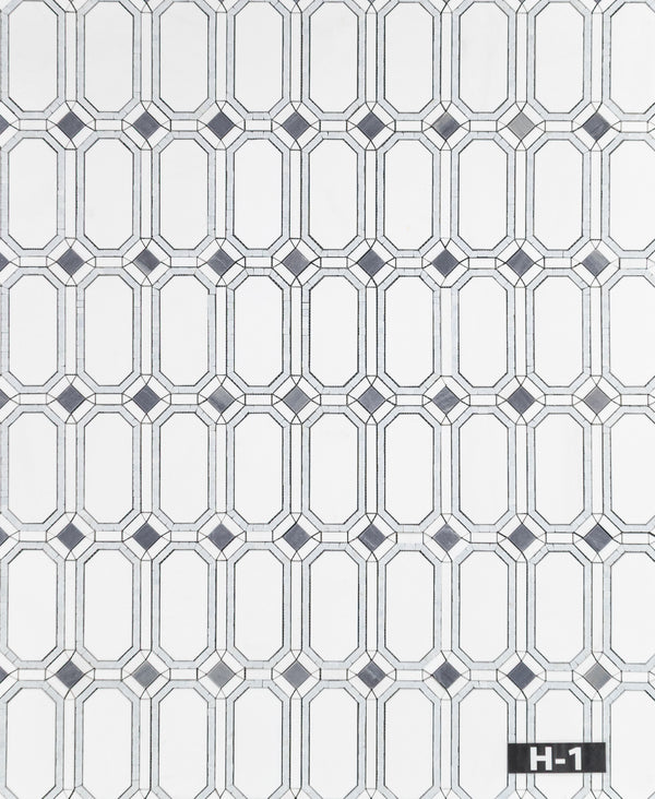 White Thassos Gem with Blue Celeste Surround and Azul Macauba Dot Mosaic Honed