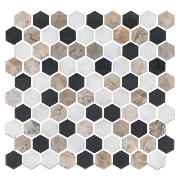 Tri-Blend (Negro - Blanco absoluto - Gris templo) Mosaico hexagonal pulido de 1 1/4"