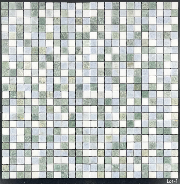 Tri-Blend Ming Green/Blue Celeste/White Thassos 1" x 1" Square Mosaic Polished