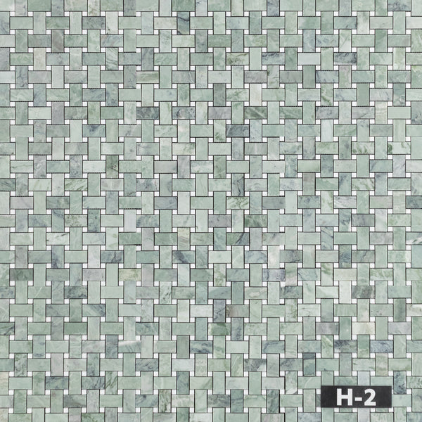 Emerald Green Basketweave with 3/8" White Thassos Dot Mosaic Honed