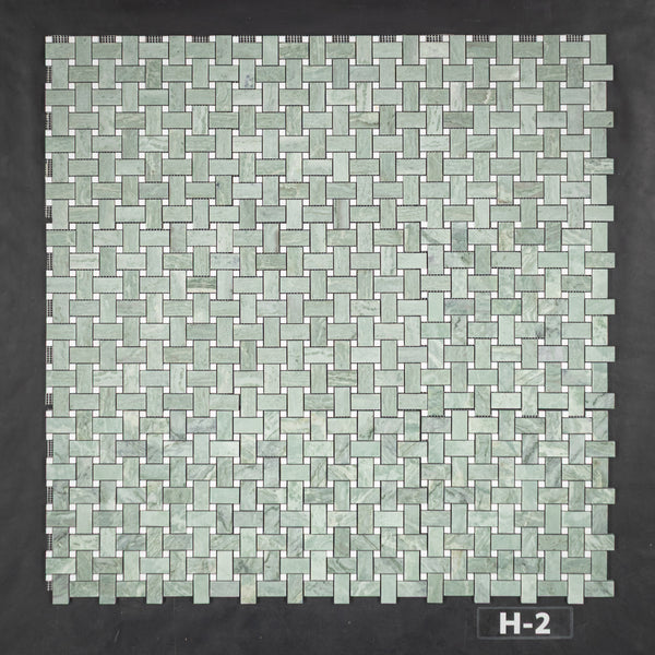 Emerald Green Basketweave with 3/8" White Thassos Dot Mosaic Honed