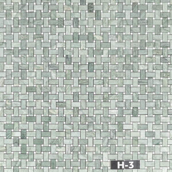 Emerald Green Basketweave with 3/8" White Thassos Dot Mosaic Honed