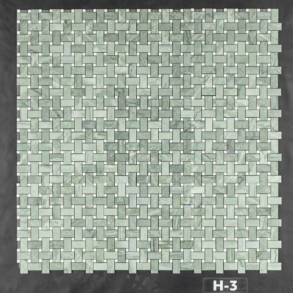 Emerald Green Basketweave with 3/8" White Thassos Dot Mosaic Honed