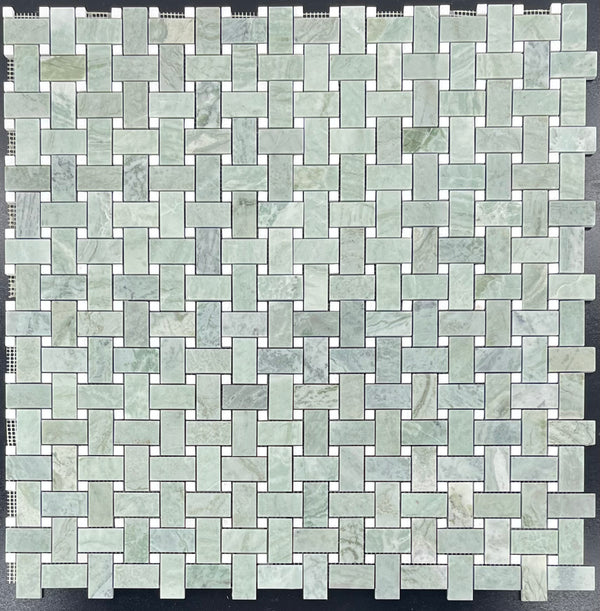 Emerald Green Basketweave with 3/8" White Thassos Dot Mosaic Honed