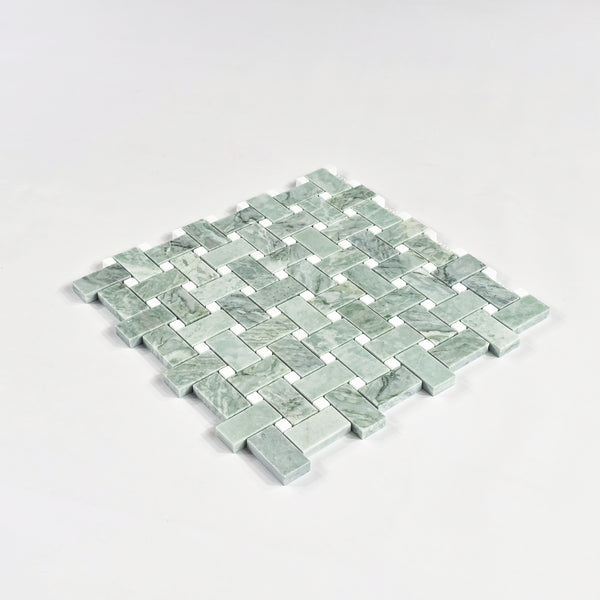 Emerald Green Basketweave with 3/8" White Thassos Dot Mosaic Honed