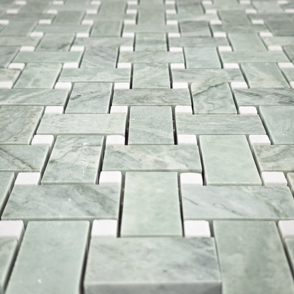 Emerald Green Basketweave with 3/8" White Thassos Dot Mosaic Honed