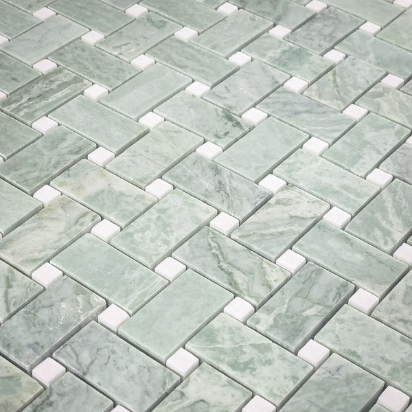 Emerald Green Basketweave with 3/8" White Thassos Dot Mosaic Honed