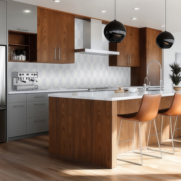 Mosaico azul celeste y blanco Thassos Dual Curvosa pulido