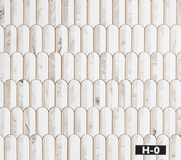 Crema Marfil, Bianco Oro & White Thassos Tri-Blend Wave Mosaic Honed