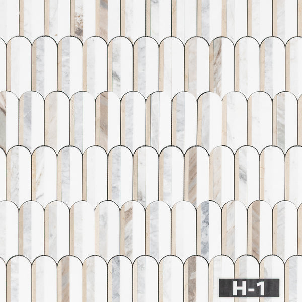 Crema Marfil, Bianco Oro & White Thassos Tri-Blend Wave Mosaic Honed