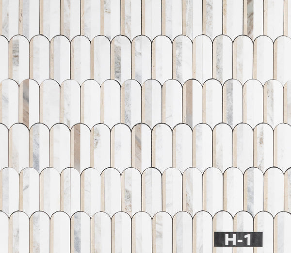 Crema Marfil, Bianco Oro & White Thassos Tri-Blend Wave Mosaic Honed