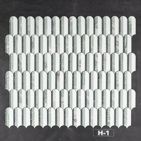 Notte Verde, Emerald Green & White Thassos Tri-Blend Wave Mosaic Honed - Elon Tile & Stone