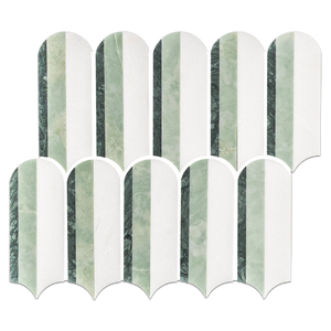 Verde Alpi, Emerald Green & White Thassos Tri-Blend Wave Mosaic Honed