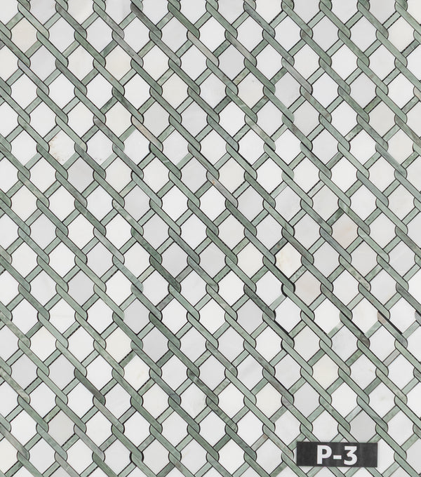White Absolute Argyle with Emerald Green Bar Mosaic Polished
