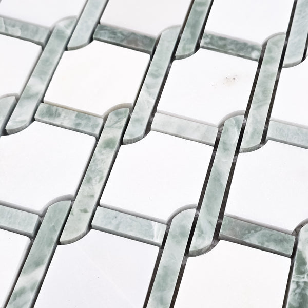 White Absolute Argyle with Emerald Green Bar Mosaic Polished - Elon Tile & Stone