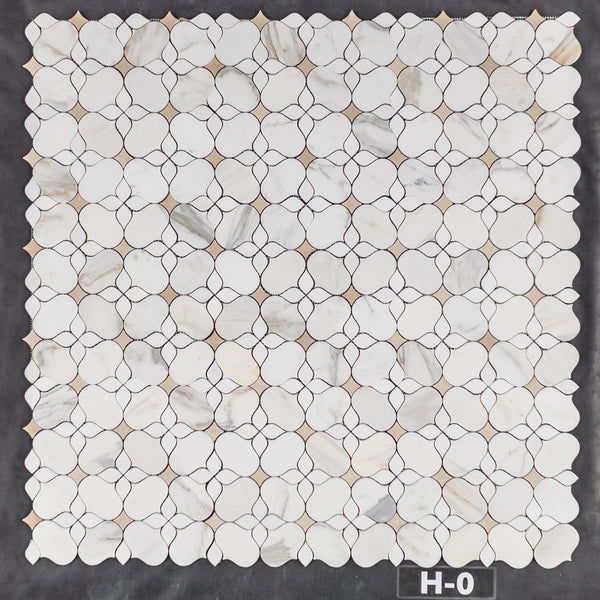 Calacatta Gold Silhouette with White Thassos and Crema Marfil Mosaic Honed