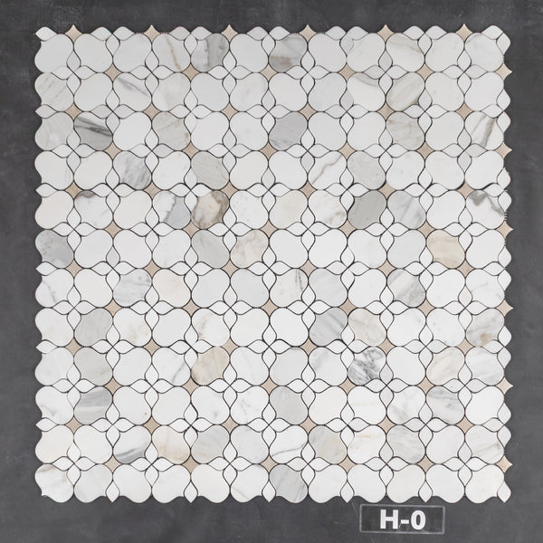 Calacatta Gold Silhouette with White Thassos and Crema Marfil Mosaic Honed