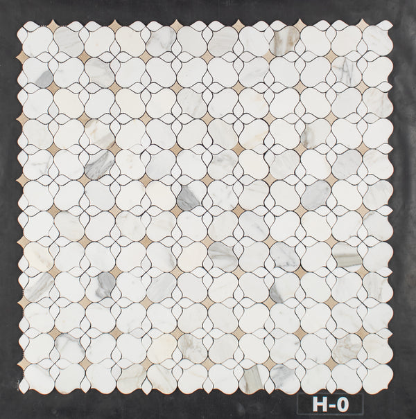 Calacatta Gold Silhouette with White Thassos and Crema Marfil Mosaic Honed