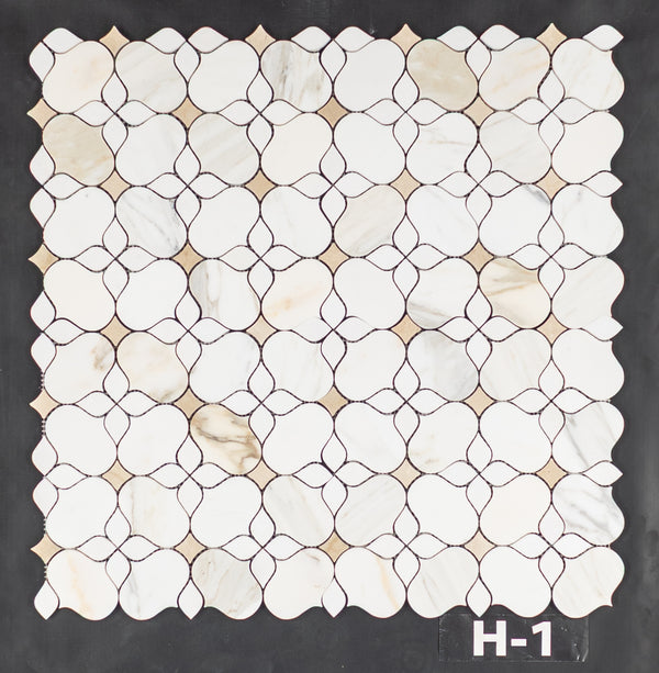 Calacatta Gold Silhouette with White Thassos and Crema Marfil Mosaic Honed