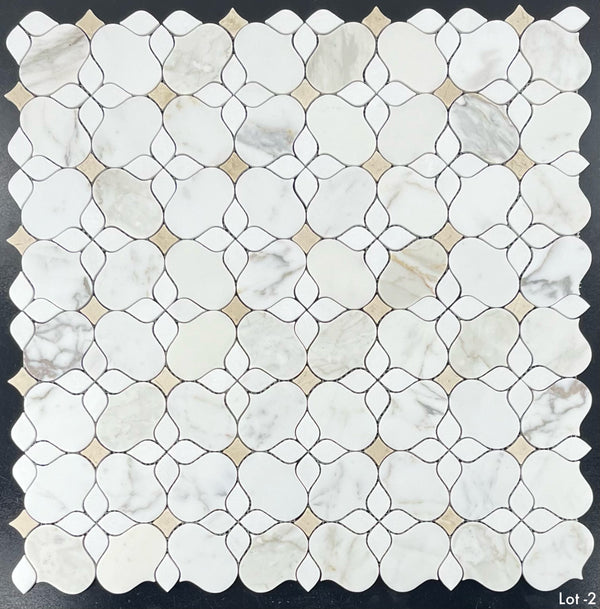 Calacatta Gold Silhouette with White Thassos and Crema Marfil Mosaic Honed