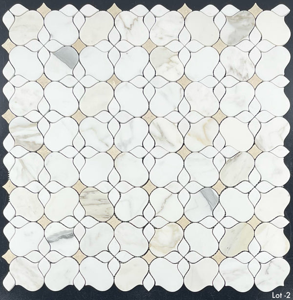 Calacatta Gold Silhouette with White Thassos and Crema Marfil Mosaic Honed