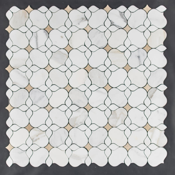 Calacatta Gold Silhouette with White Thassos and Crema Marfil Mosaic Honed