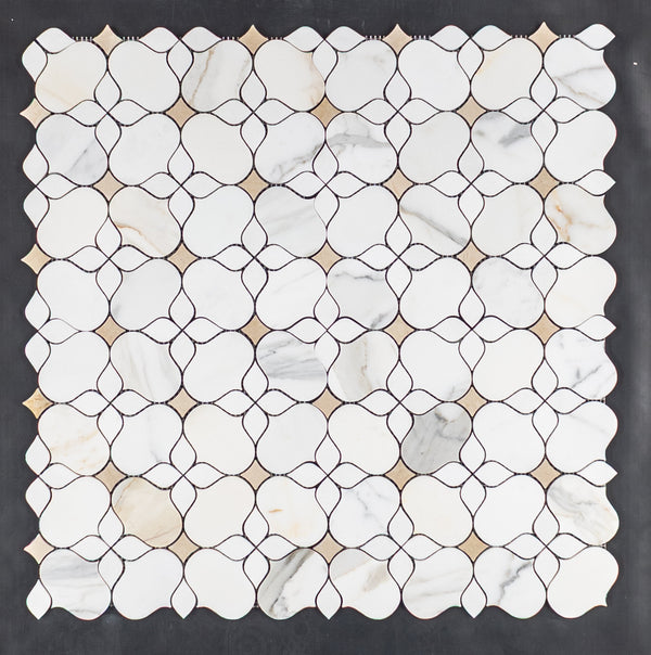 Calacatta Gold Silhouette with White Thassos and Crema Marfil Mosaic Honed