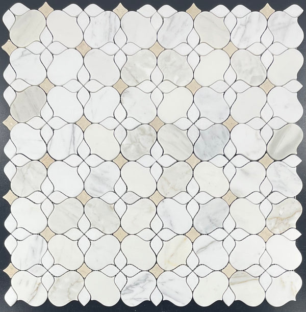 Calacatta Gold Silhouette with White Thassos and Crema Marfil Mosaic Honed