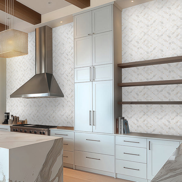 Calacatta Gold Silhouette with White Thassos and Crema Marfil Mosaic Honed