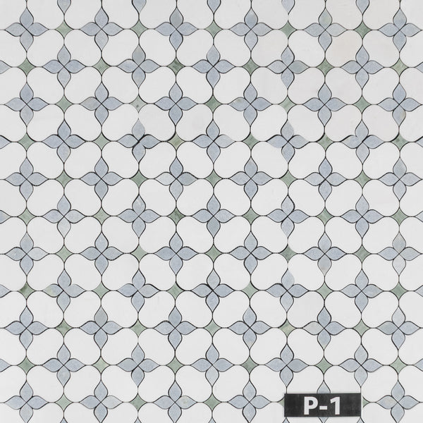 White Thassos Silhouette with Blue Celeste and Emerald Green Mosaic Polished