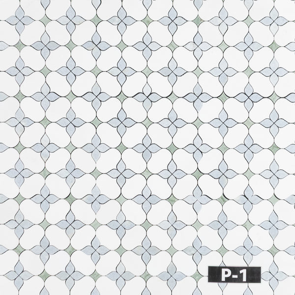 White Thassos Silhouette with Blue Celeste and Emerald Green Mosaic Polished