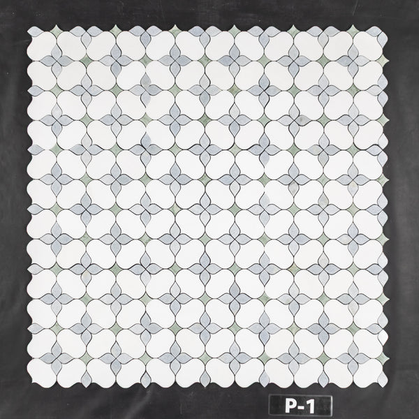 White Thassos Silhouette with Blue Celeste and Emerald Green Mosaic Polished