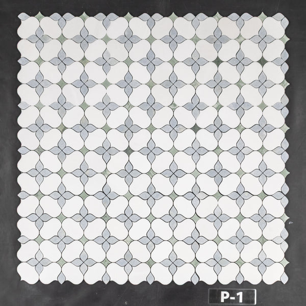White Thassos Silhouette with Blue Celeste and Emerald Green Mosaic Polished - Elon Tile & Stone