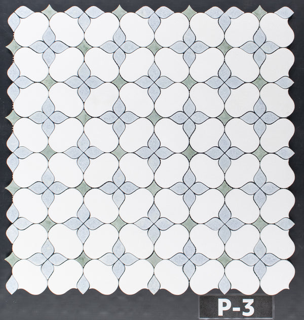 Silueta de Thassos blanca con mosaico azul celeste y verde Ming pulido