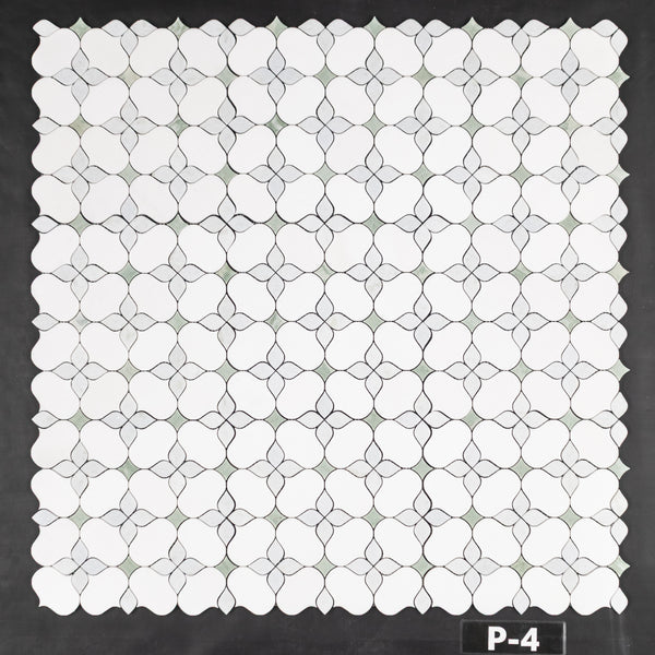 Silueta de Thassos blanca con mosaico azul celeste y verde Ming pulido