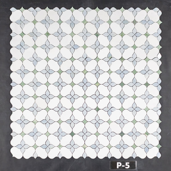 White Thassos Silhouette with Blue Celeste and Emerald Green Mosaic Polished