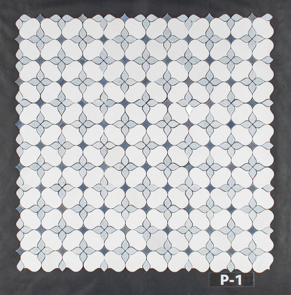 White Thassos Silhouette with Blue Celeste and Azul Macauba Mosaic Polished