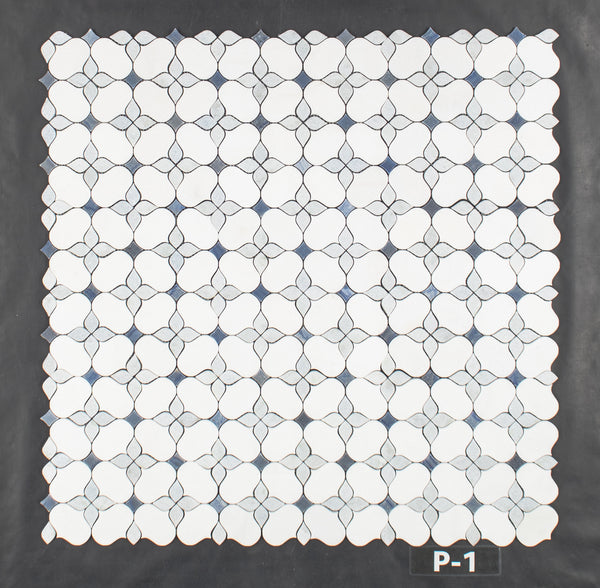 White Thassos Silhouette with Blue Celeste and Azul Macauba Mosaic Polished