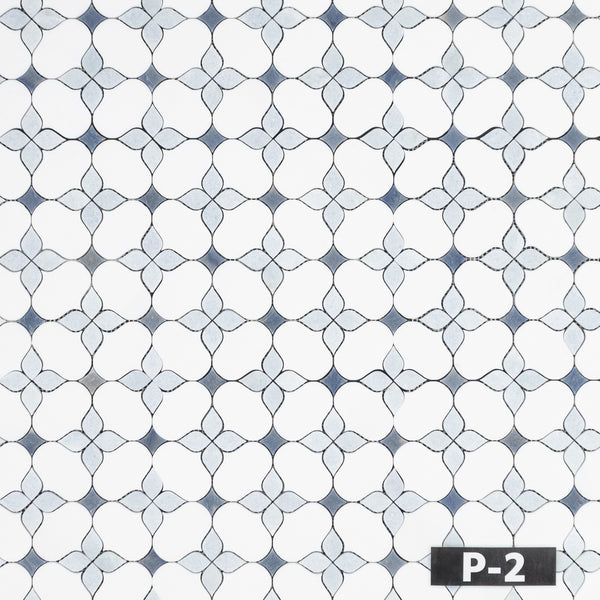 White Thassos Silhouette with Blue Celeste and Azul Macauba Mosaic Polished