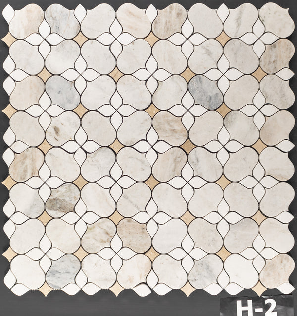 Bianco Oro Silhouette with White Thassos and Crema Marfil Mosaic Honed