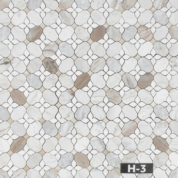 Bianco Oro Silhouette with White Thassos and Crema Marfil Mosaic Honed