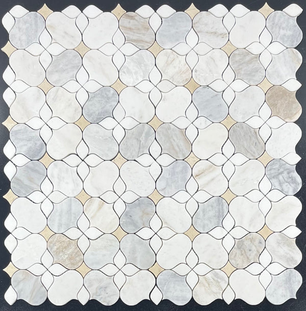 Bianco Oro Silhouette with White Thassos and Crema Marfil Mosaic Honed