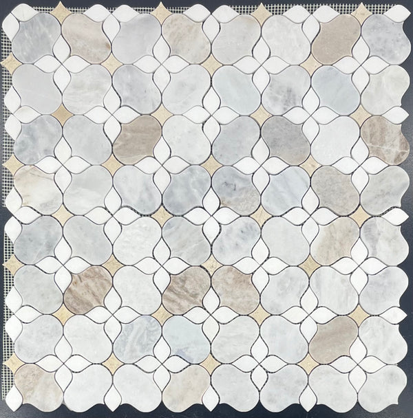 Bianco Oro Silhouette with White Thassos and Crema Marfil Mosaic Honed