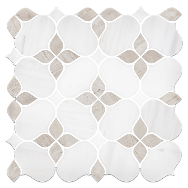 Silueta de dolomita con mosaico de madera de playa y Thassos blanco pulido