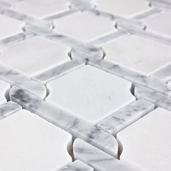 White Absolute Argyle with Bianco Carrara Bar Mosaic Polished - Elon Tile & Stone
